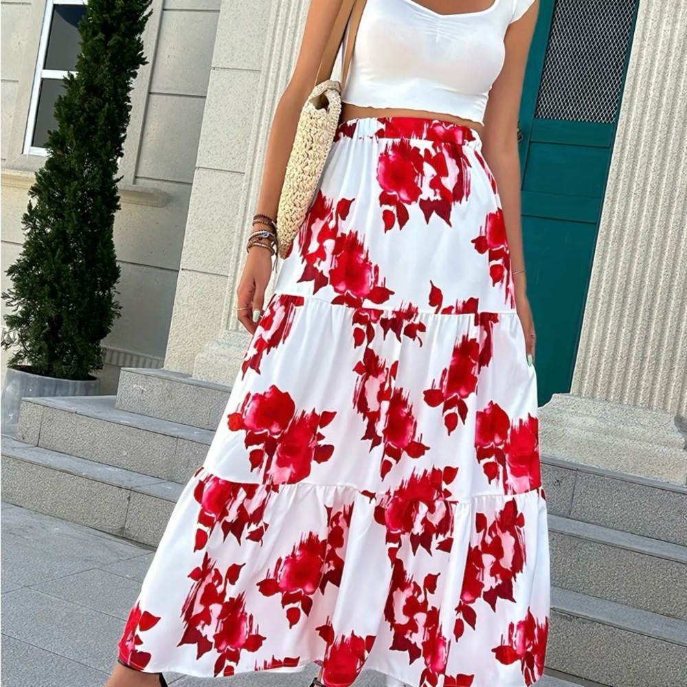 Floral Tiered Maxi Skirt - White with Red Floral